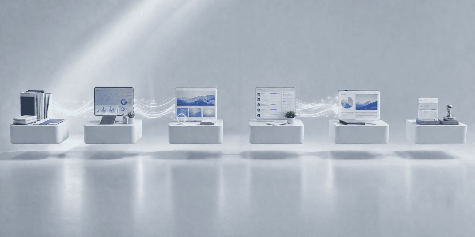 Abstract 3D render of connected workstations representing an automated marketing workflow.