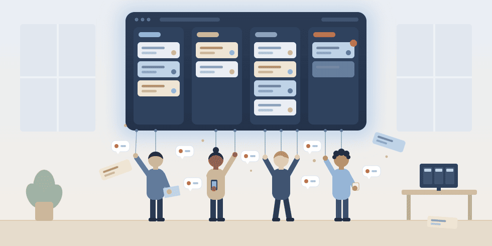 Work management platform board controlling a marketing team with puppet strings, surrounded by notifications.